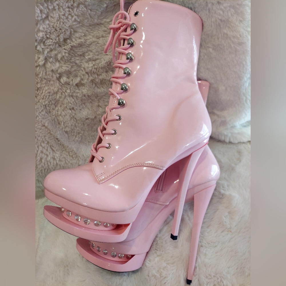 Pleaser Pink Ankle Boots with Rhinestone Accents